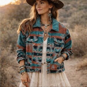 Women's Boho Aztec Western Pattern Button Up Jacket Shacket Large